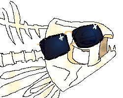 A fish skeleton fish wearing shiny aviator glasses on the side of its skull.